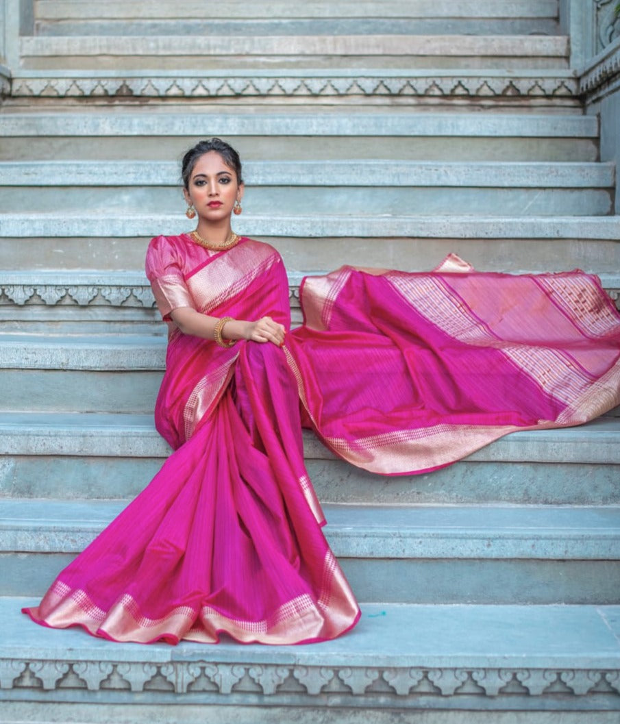 Pink Tassar Silk Saree With Jhalar