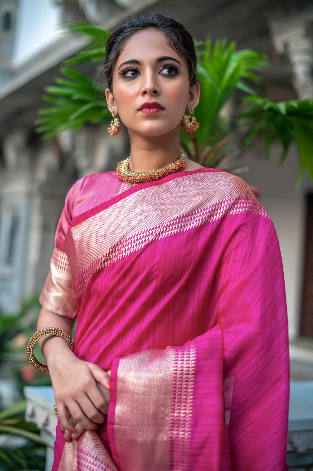 Pink Tassar Silk Saree With Jhalar