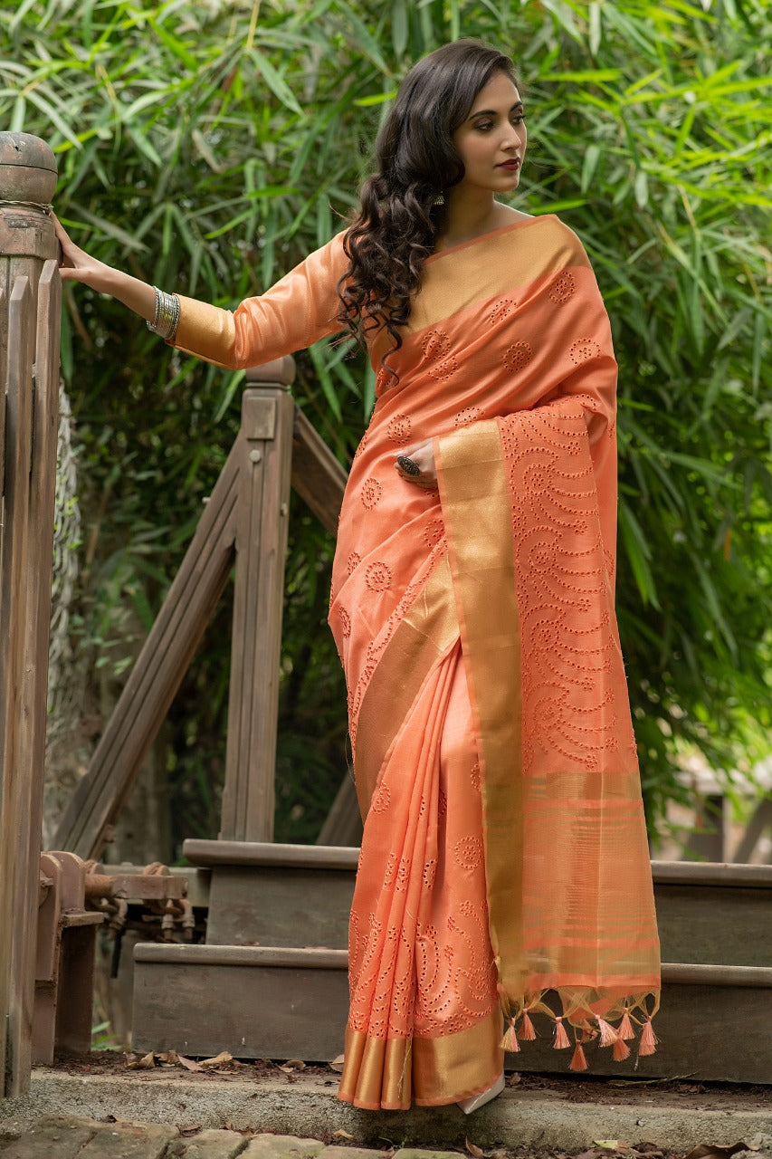 Peach Assam Silk Embroidered Saree