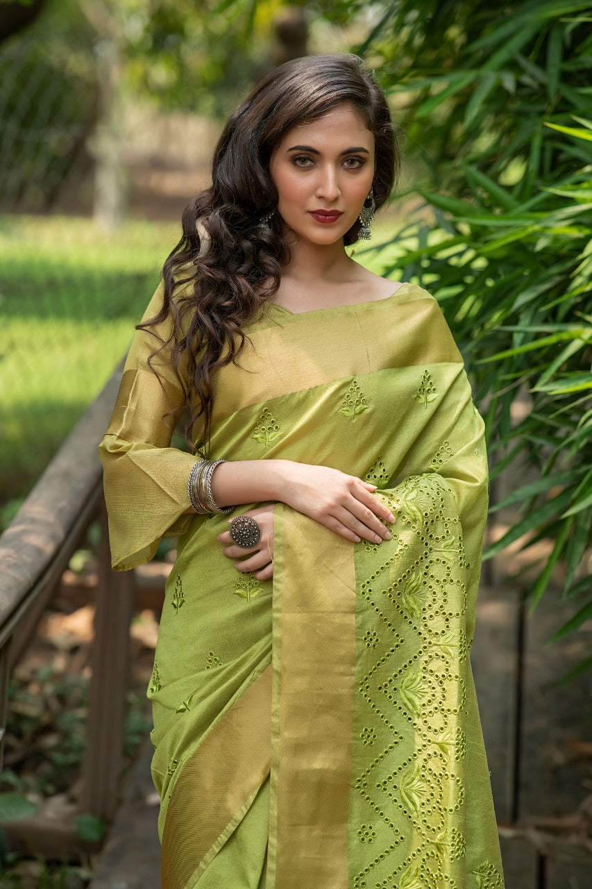 Green Assam Silk Embroidered Saree