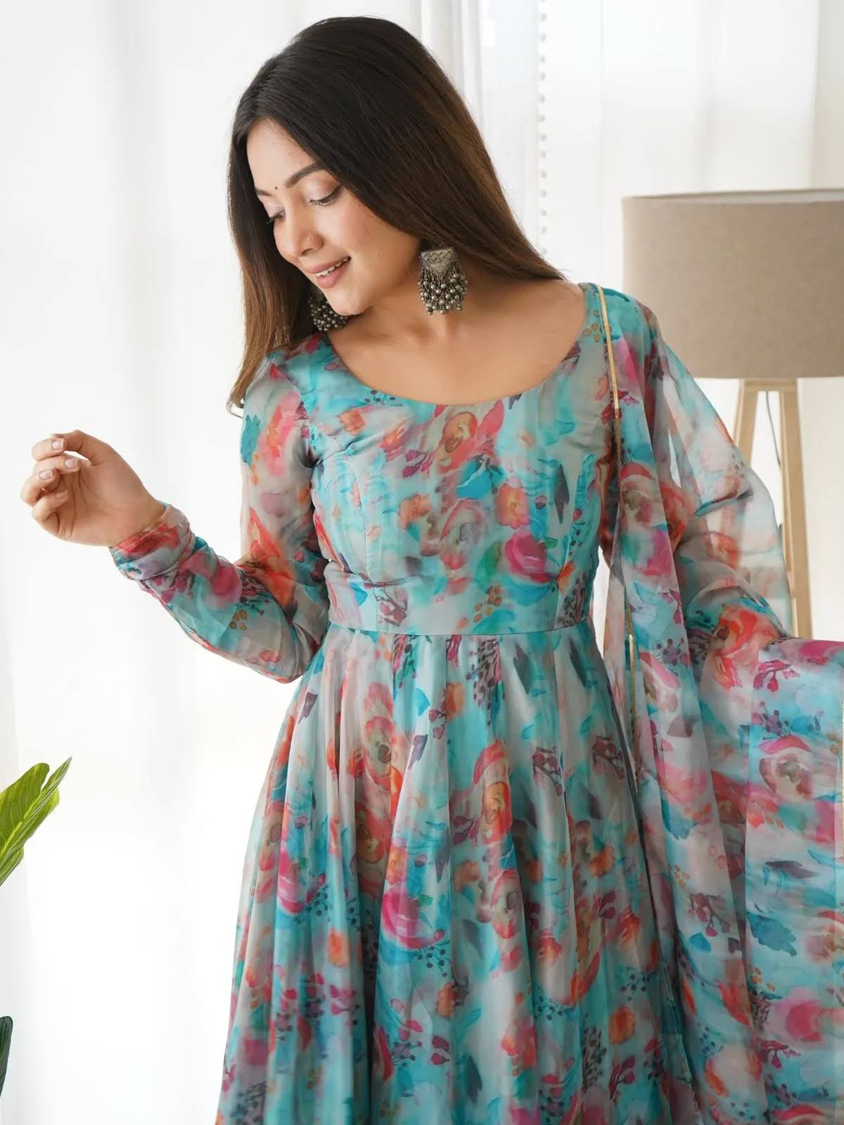 Organza Fabric Kurta Set With Embroidery Work