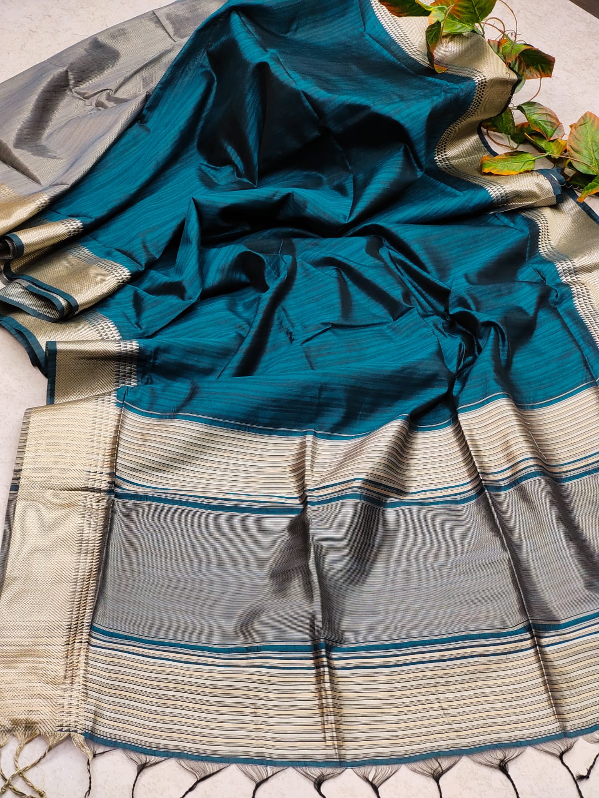 Teal Tassar Silk Saree With Jhalar