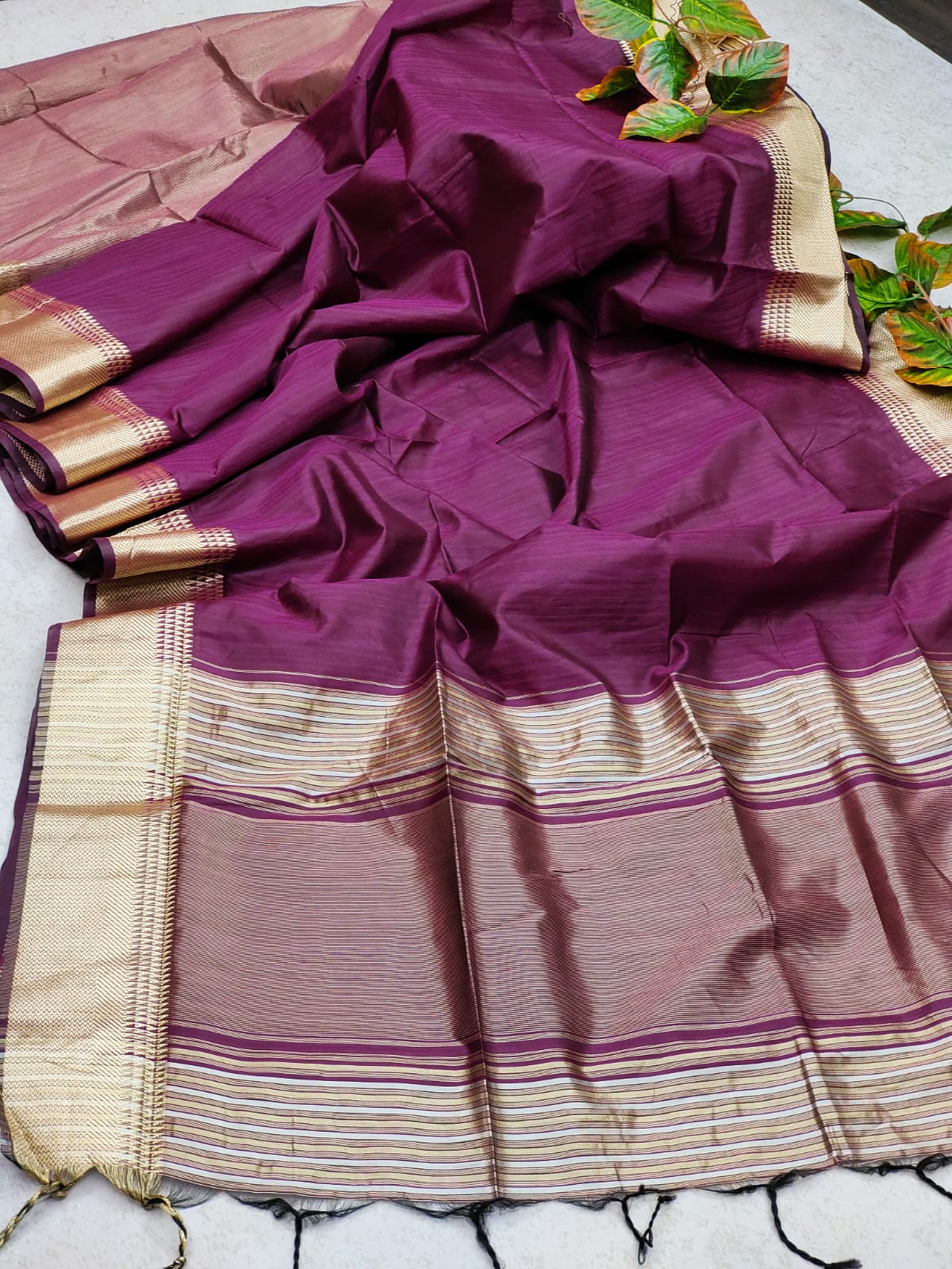 Wine Tassar Silk Saree With Jhalar