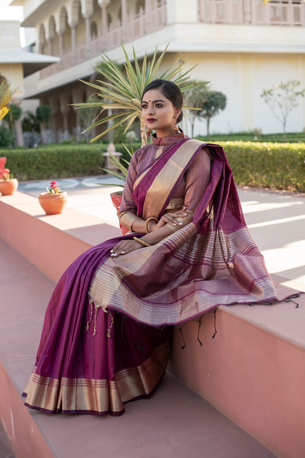 Wine Tassar Silk Saree With Jhalar