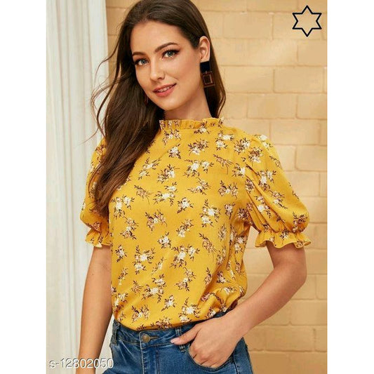 Mustard Yellow Women's Rayon Printed Puff Sleeves Top