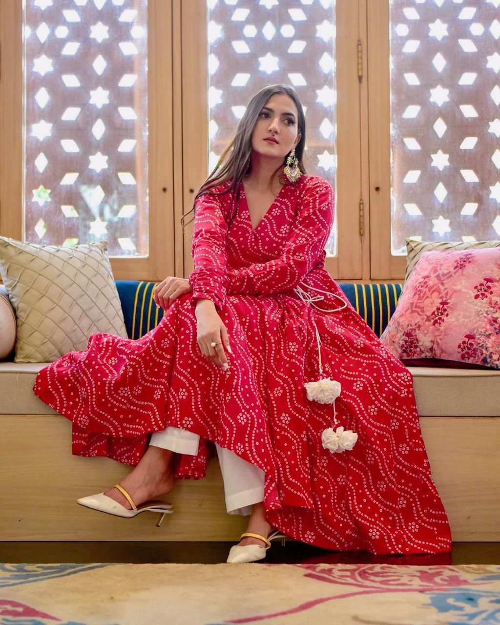 chunri print dress design DESIGNER BOUTIQUE 3 PIECE CHUNRI PRINT LONG ANARKALI SET WITH GOLDEN ZARI WORK