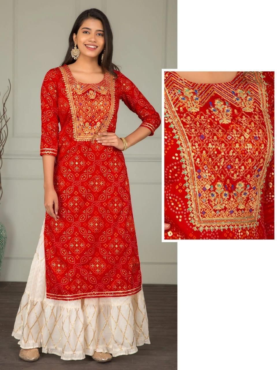 Red Mirror Work Kurta With Sharara Set
