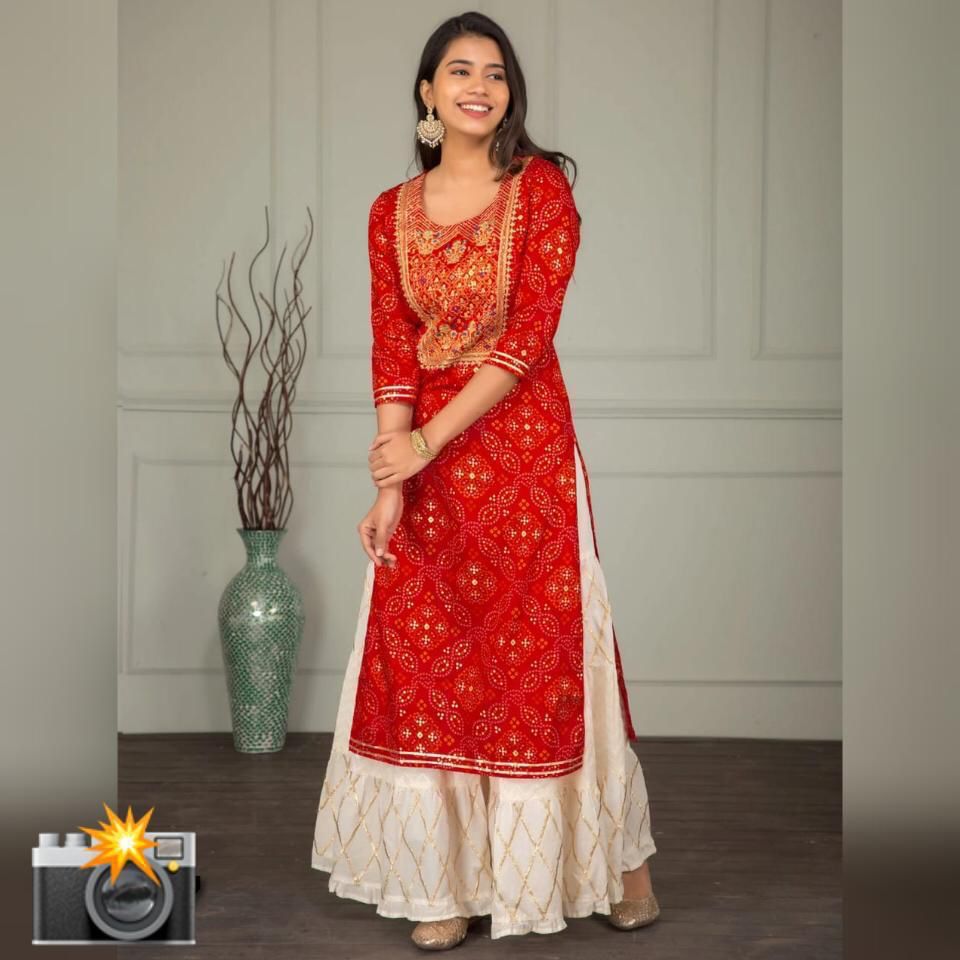 Red Mirror Work Kurta With Sharara Set
