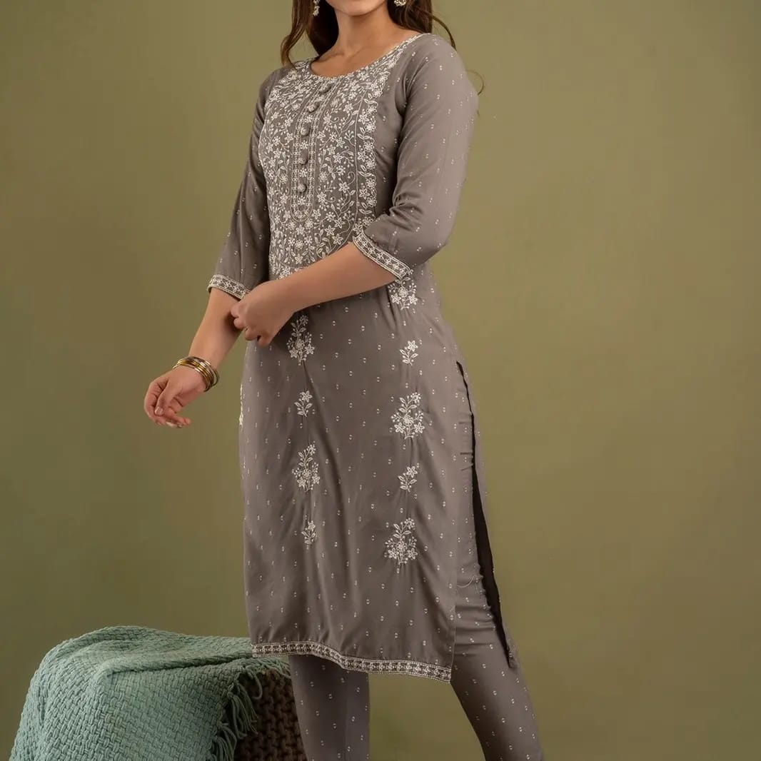 Brown Viscose Rayon Embroidered Kurta Set