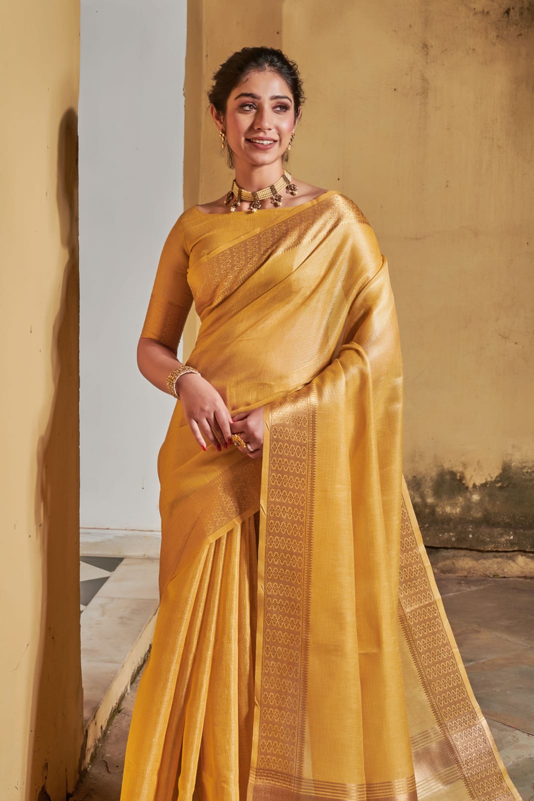 Maheshwari Tissue Silk Weaving Yellow Colour Saree