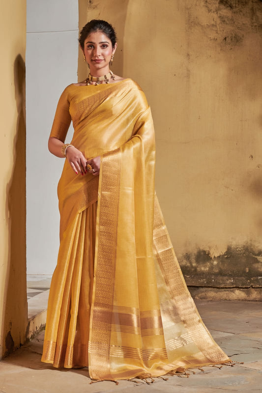Maheshwari Tissue Silk Weaving Yellow Colour Saree
