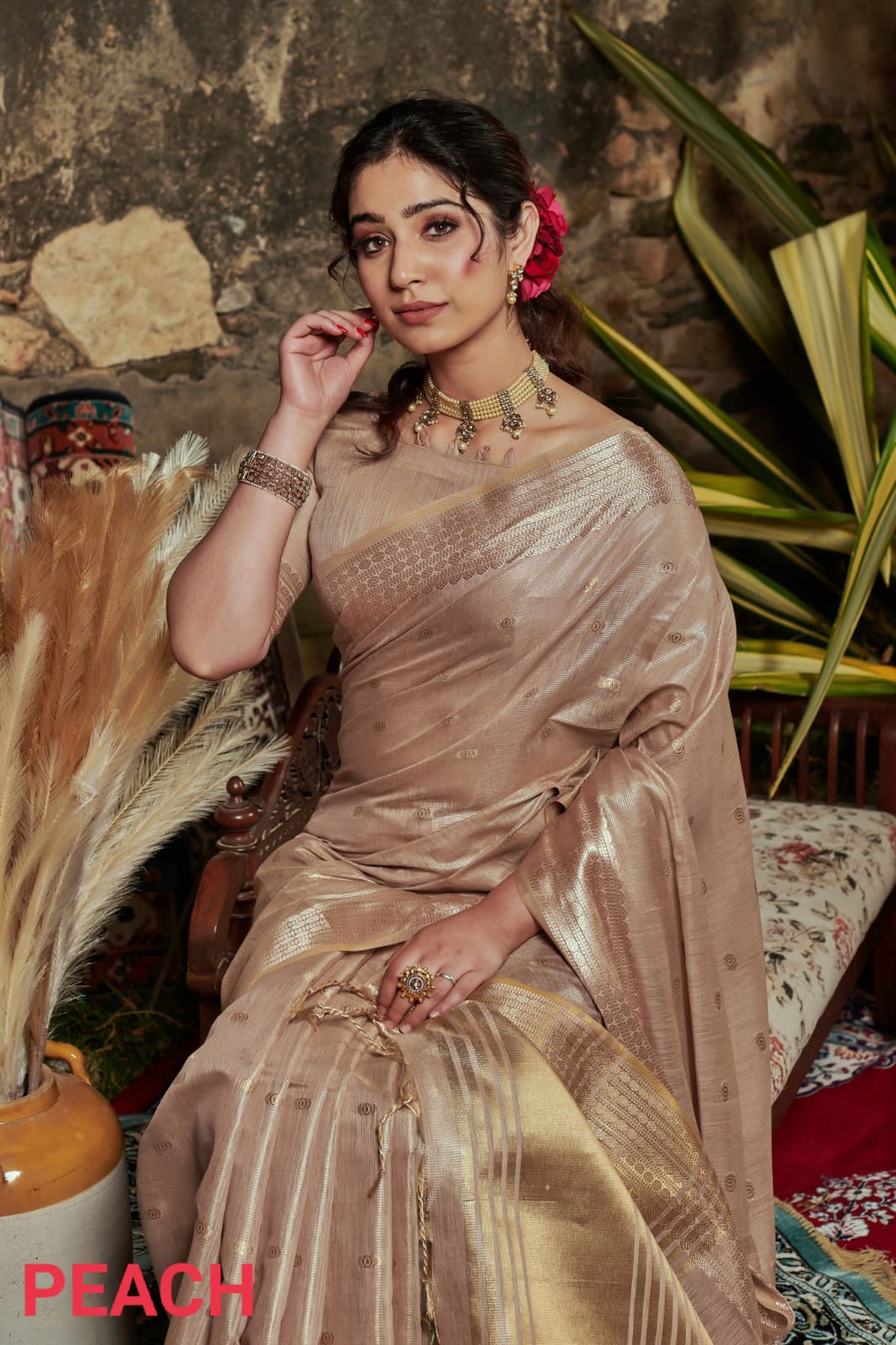 Maheshwari Tissue Silk Weaving Peach Colour Saree