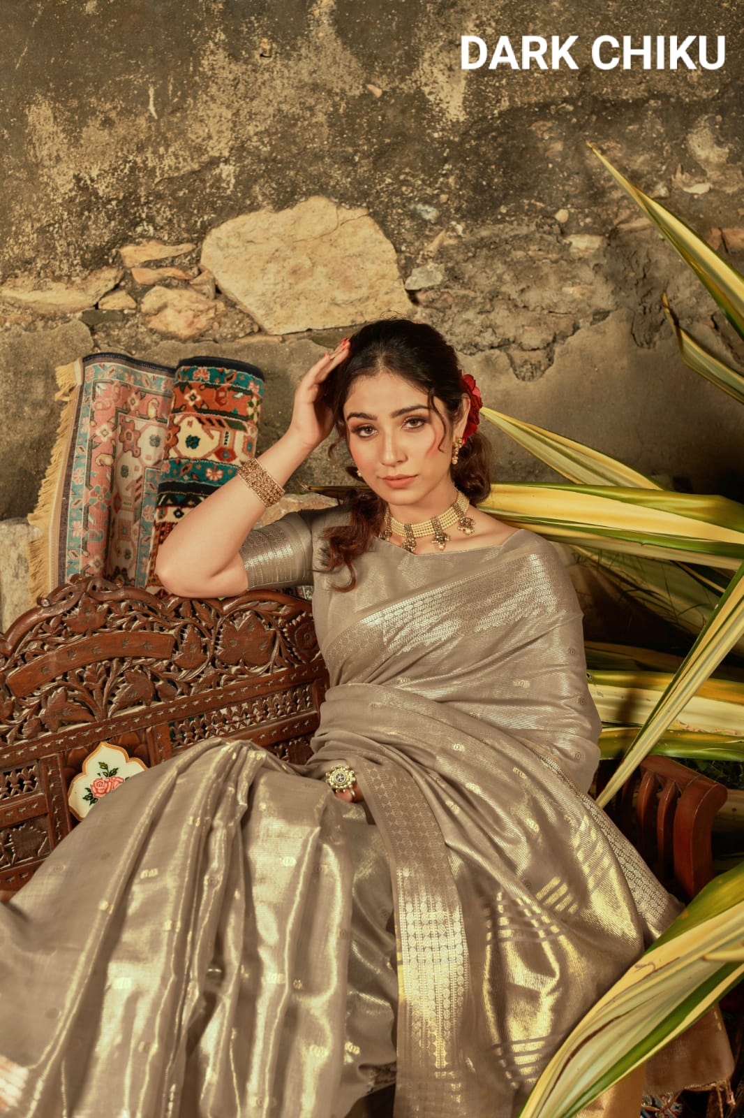 Maheshwari Tissue Silk Weaving Dark Chiku Colour Saree