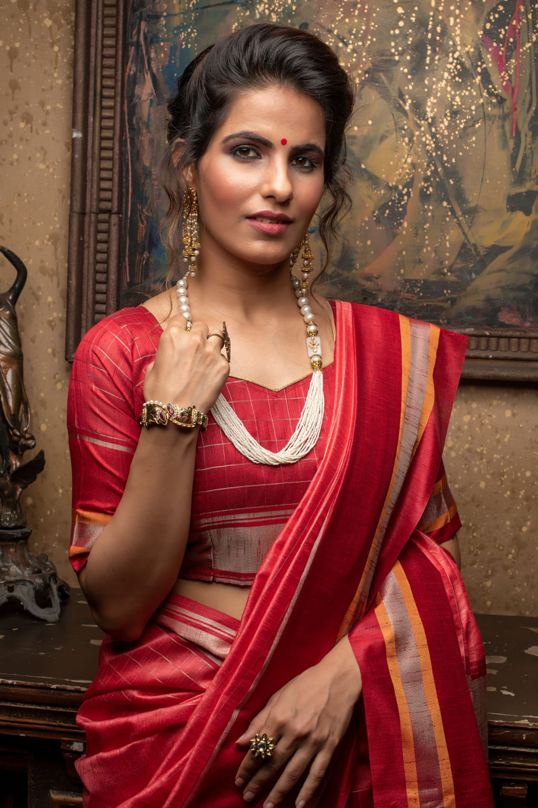 Red Raw silk Silver Zari checks sarees