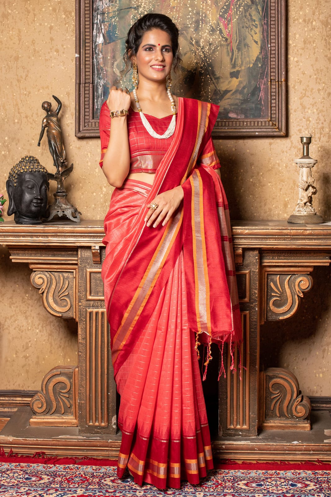 Red Raw silk Silver Zari checks sarees