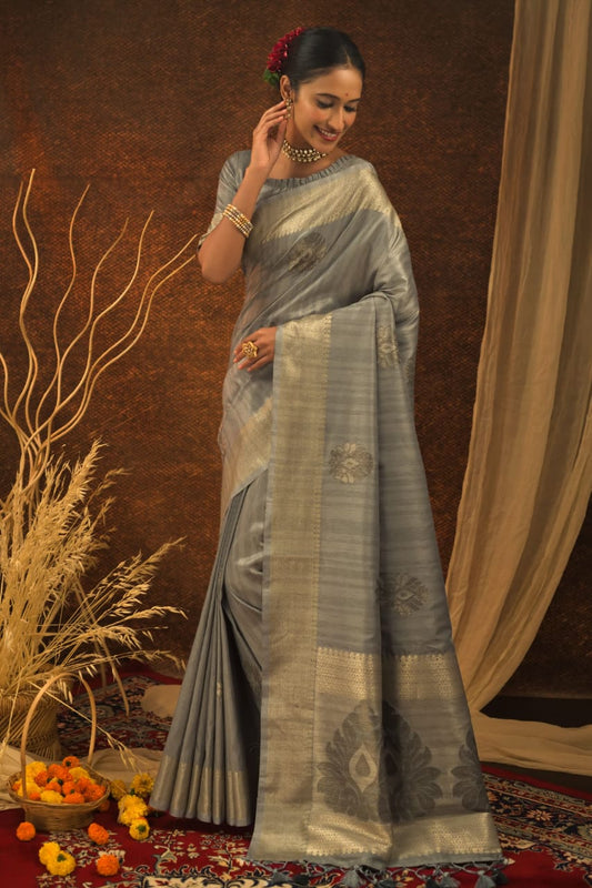 Grey Soft Mulberry Silk Weaving Saree