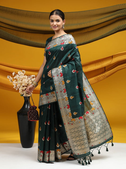 Green Meena woven Border And Zari Woven Pallu With Fancy Tassels