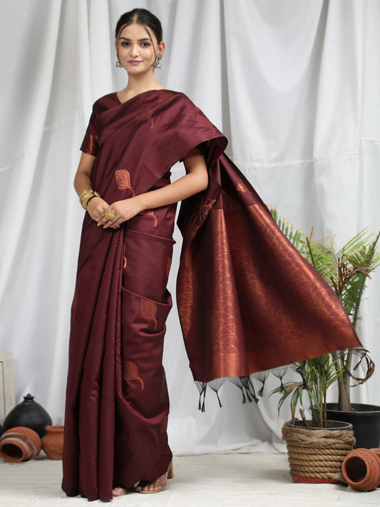 Marroon Soft Silk Saree With Copper Zari Weaves Butties Saree