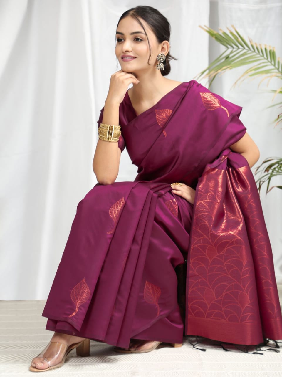 Wine Soft Silk Saree With Copper Zari Weaves Butties Saree