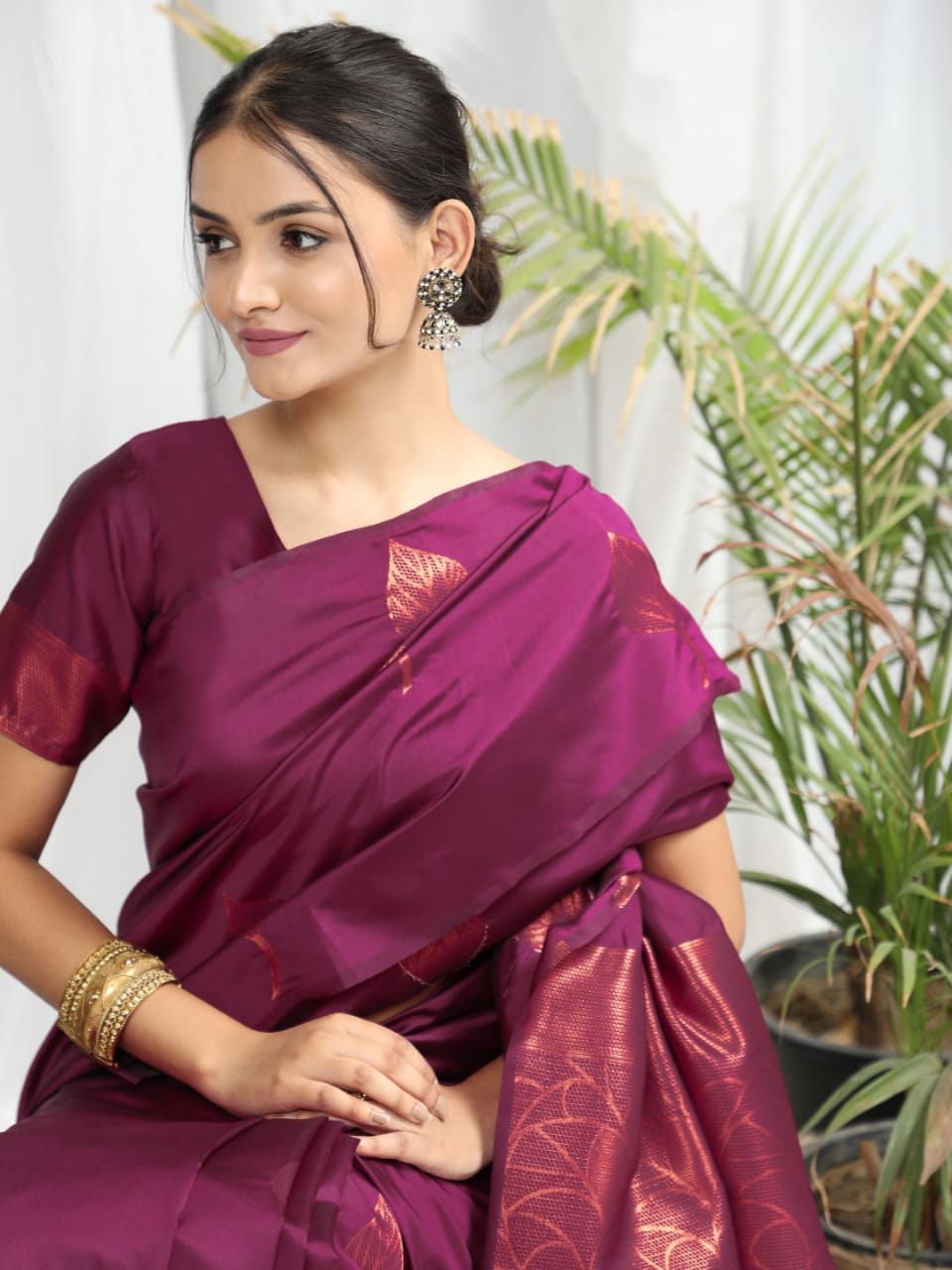 Wine Soft Silk Saree With Copper Zari Weaves Butties Saree
