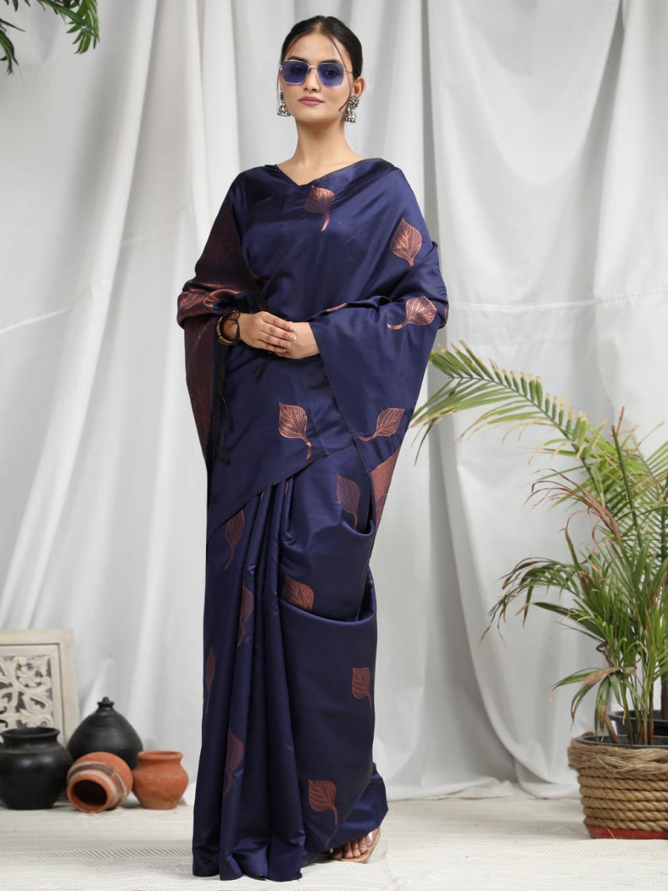 Blue Soft Silk Saree With Copper Zari Weaves Butties Saree