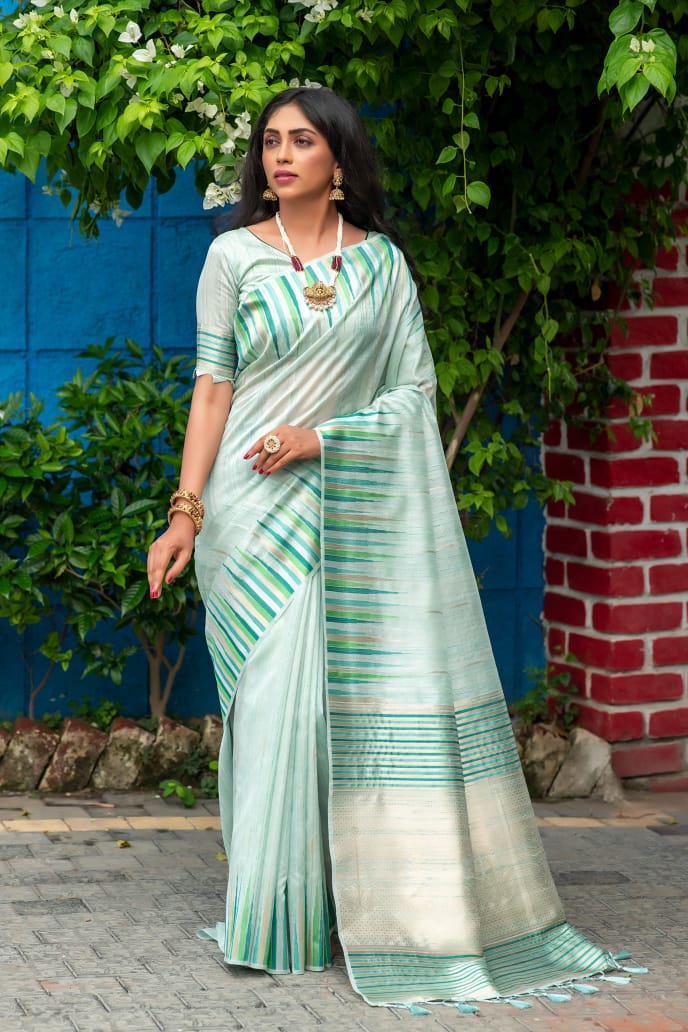 Sky Blue Tussar Silk weaving saree with Ikkat woven Border