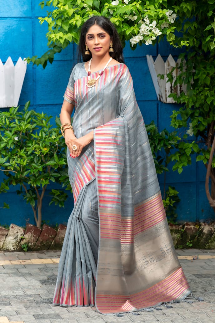 Grey Tussar Silk weaving saree with Ikkat woven Border