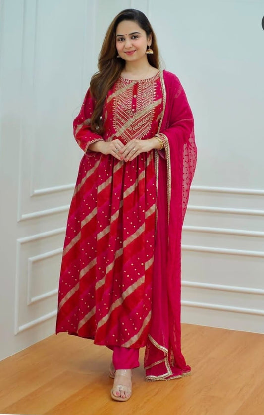 Printed Naira Cut Embroidery Kurti Set