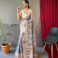 Grey Tusser Sarees With Kalamkari Prints All Over With Woven Temple Border