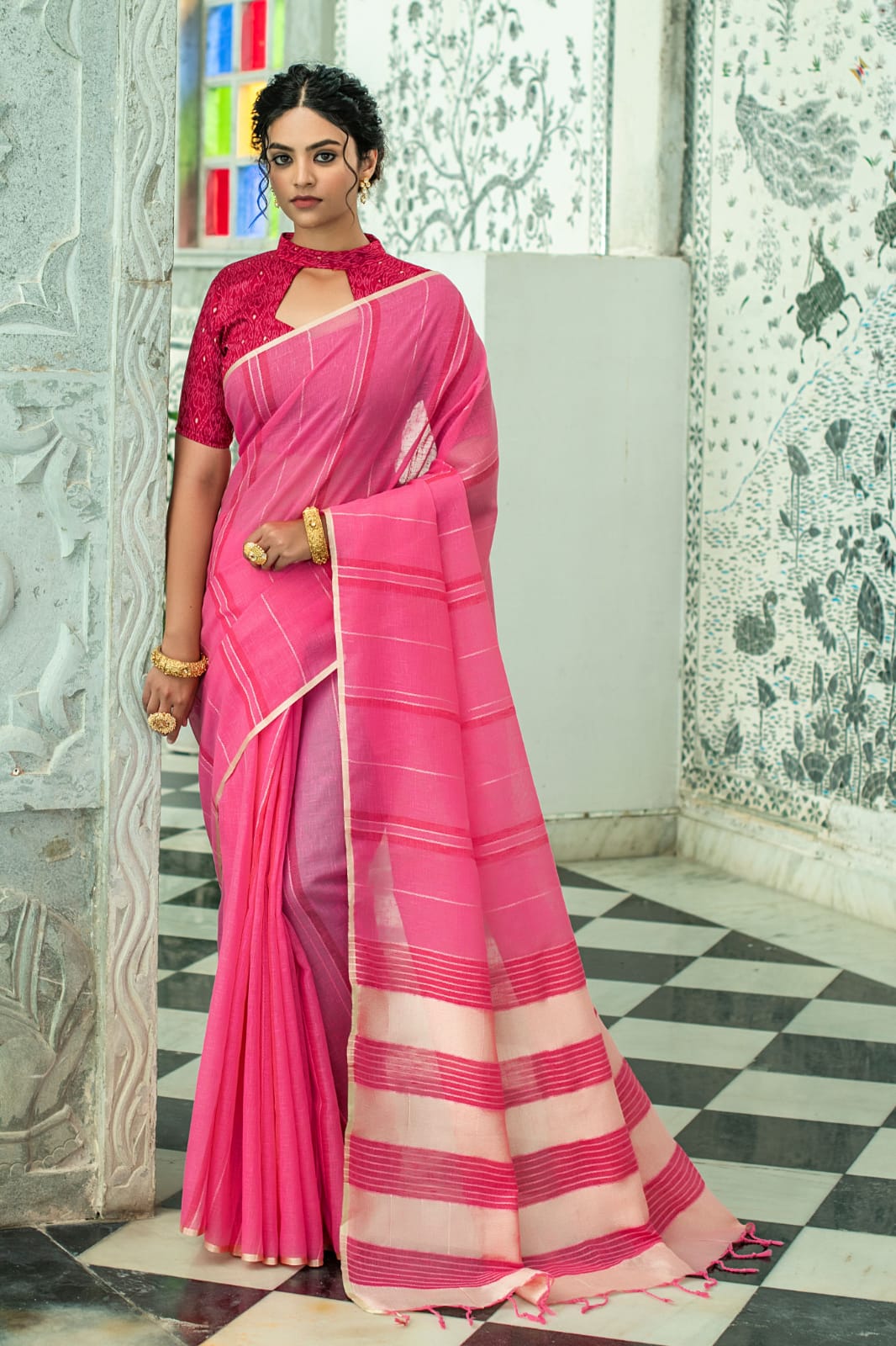 Pink Pure Linen Saree Katha Weaving