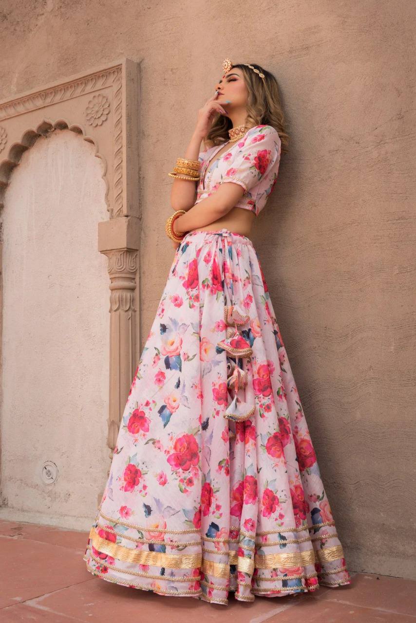 Pink Peony Mulberry Embroidered Faux Georgette Party Wear Lehenga Choli