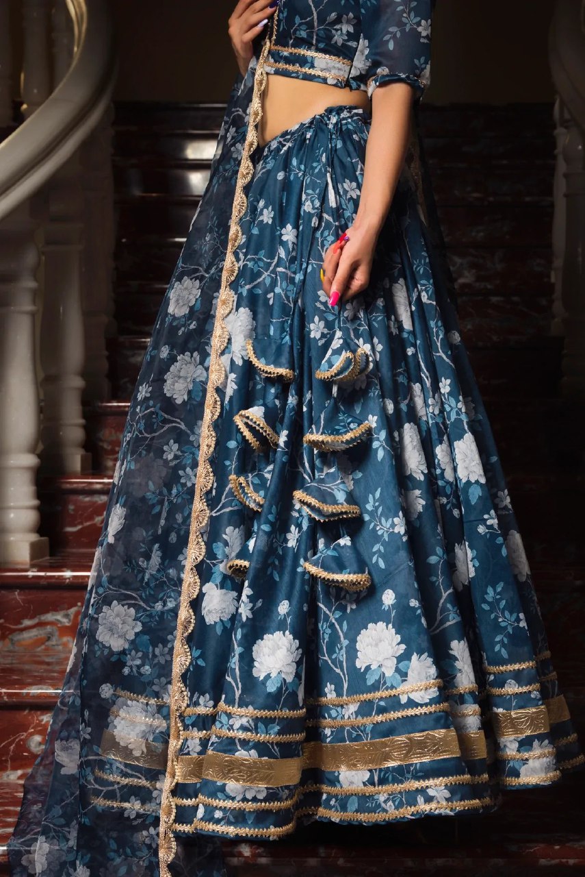 Blue Organza Embroidered Faux Georgette Party Wear Lehenga Choli