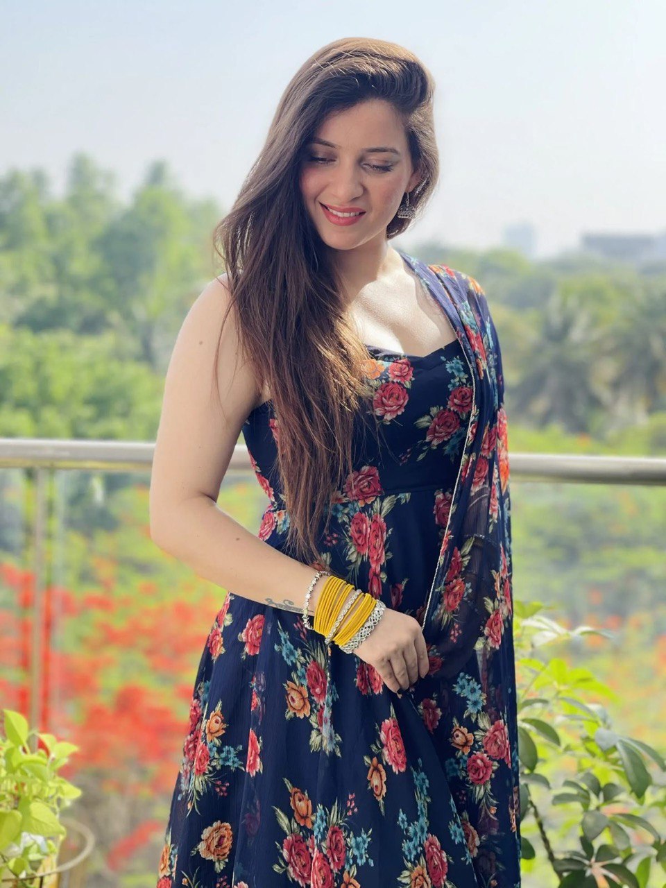 Beautiful Blue Fox Georgette Anarkali Gown With Floral Dupatta set