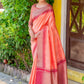 Peach Silk Saree With Zari Woven Contrast Bomkai Temple Border