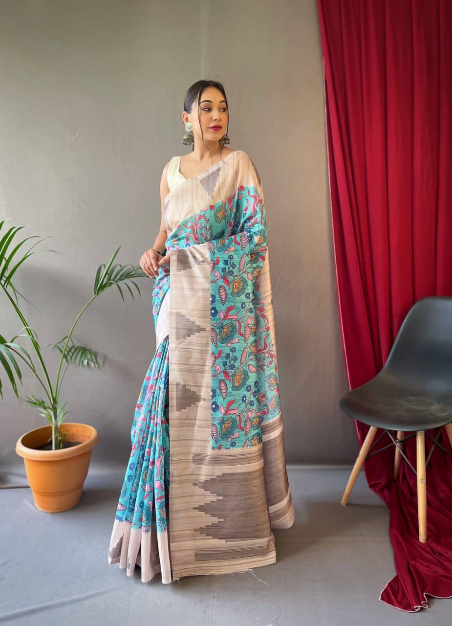 Sky Blue Tusser Sarees With Kalamkari Prints All Over With Woven Temple Border