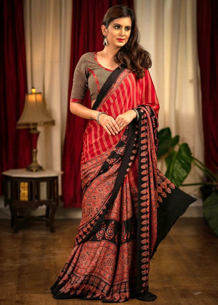 Red Ajarakh Digital Print Muslin Fabric Saree With Rich Glaze .