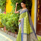 Green Silk Saree With Zari Woven Contrast Bomkai Temple Border