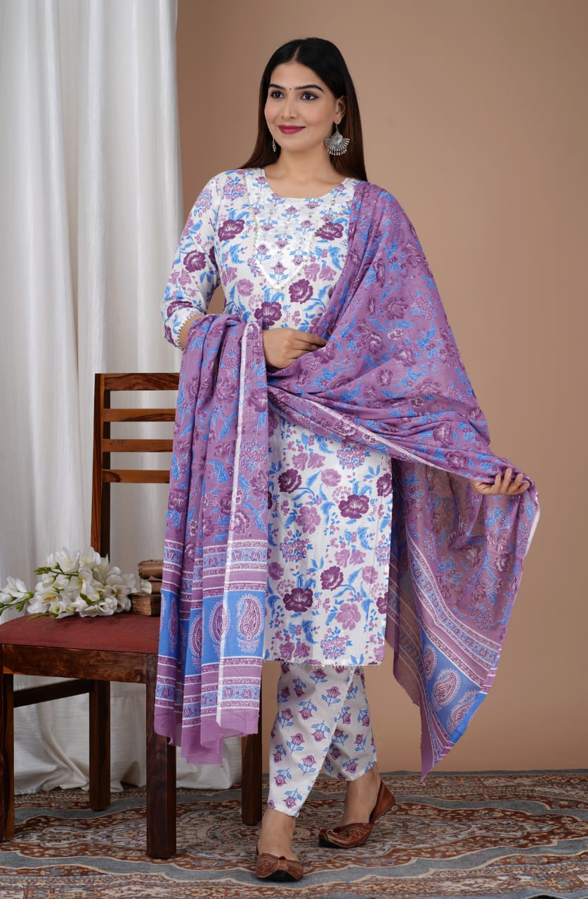 Pure Cotton Straight Kurti With Pant And Dupatta