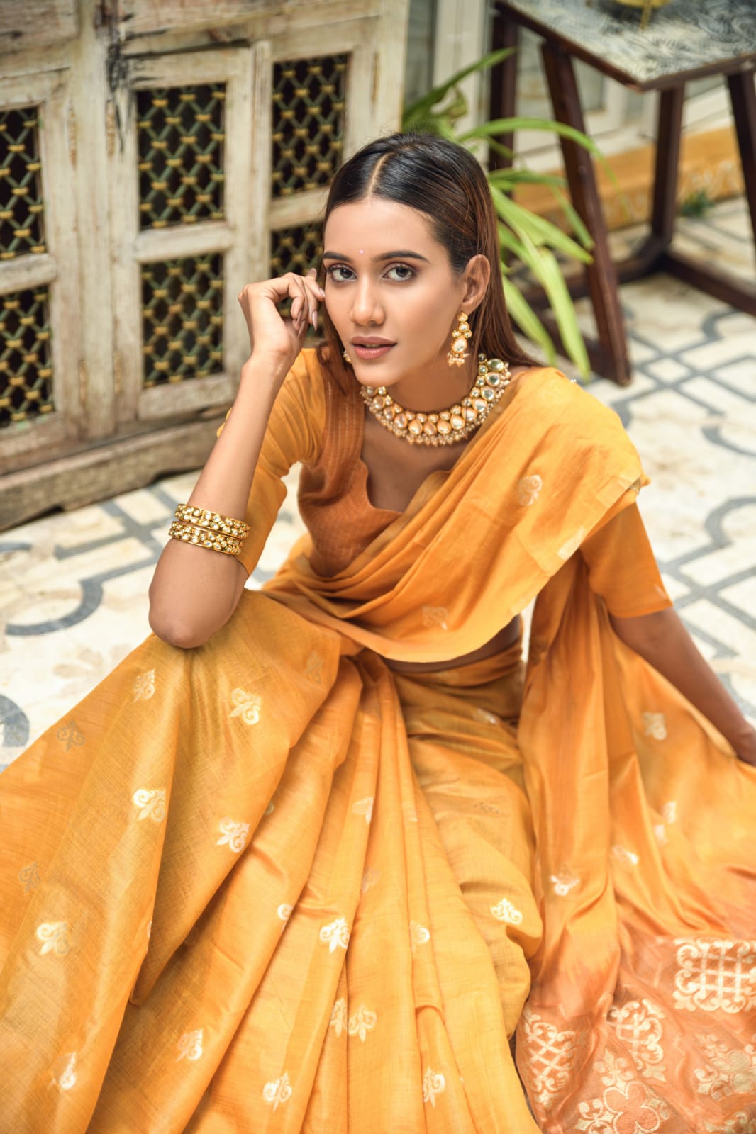 Yellow Chanderi Silk Saree With Silver And Copper Zari Weaves
