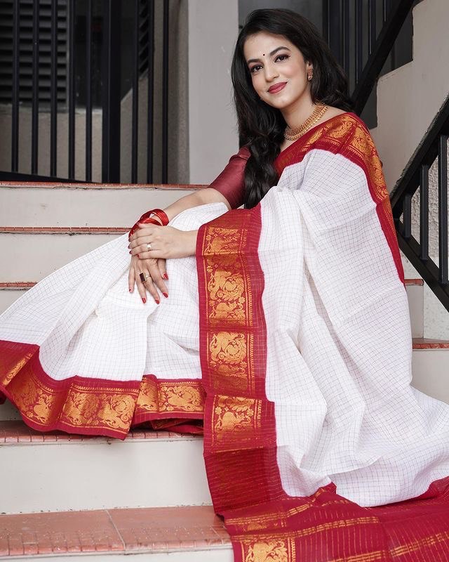 Red Lichi Silk Banarasi Saree With Kanjiwaram Figure