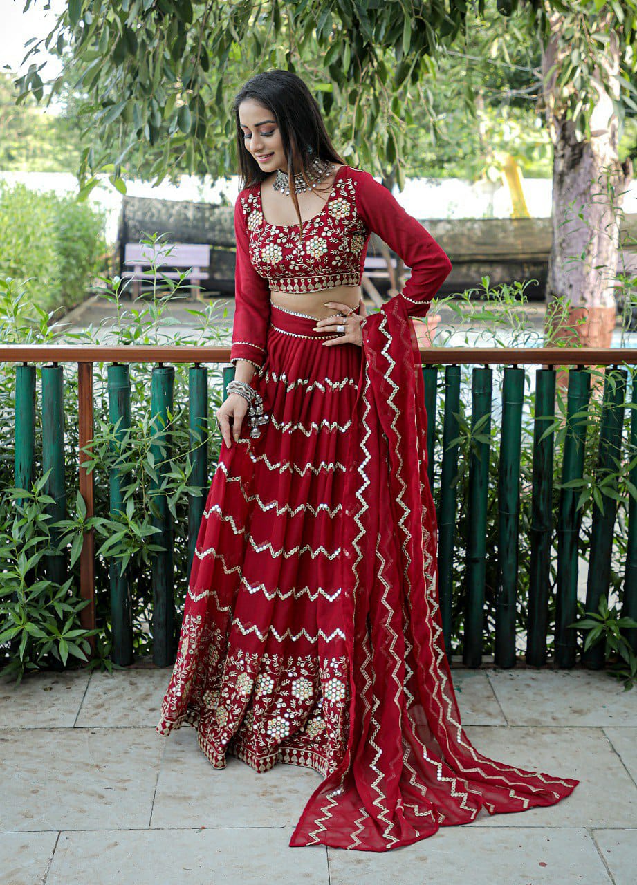 Maroon Embroidered Faux Georgette Party Wear Lehenga Choli