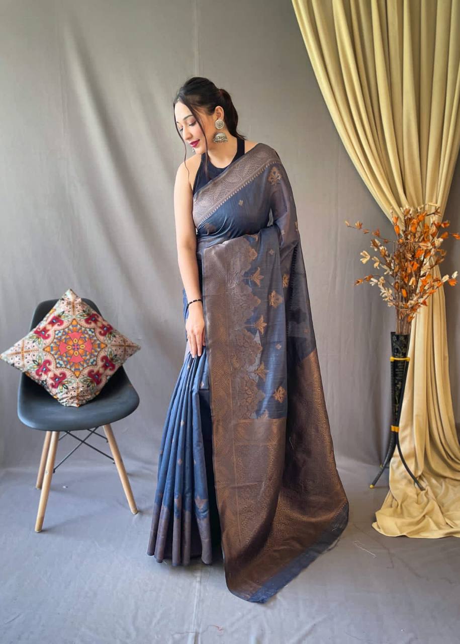 Blue Pure Linen Tissue Combination Saree