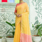 Yellow Pure Linen Saree Katha Weaving