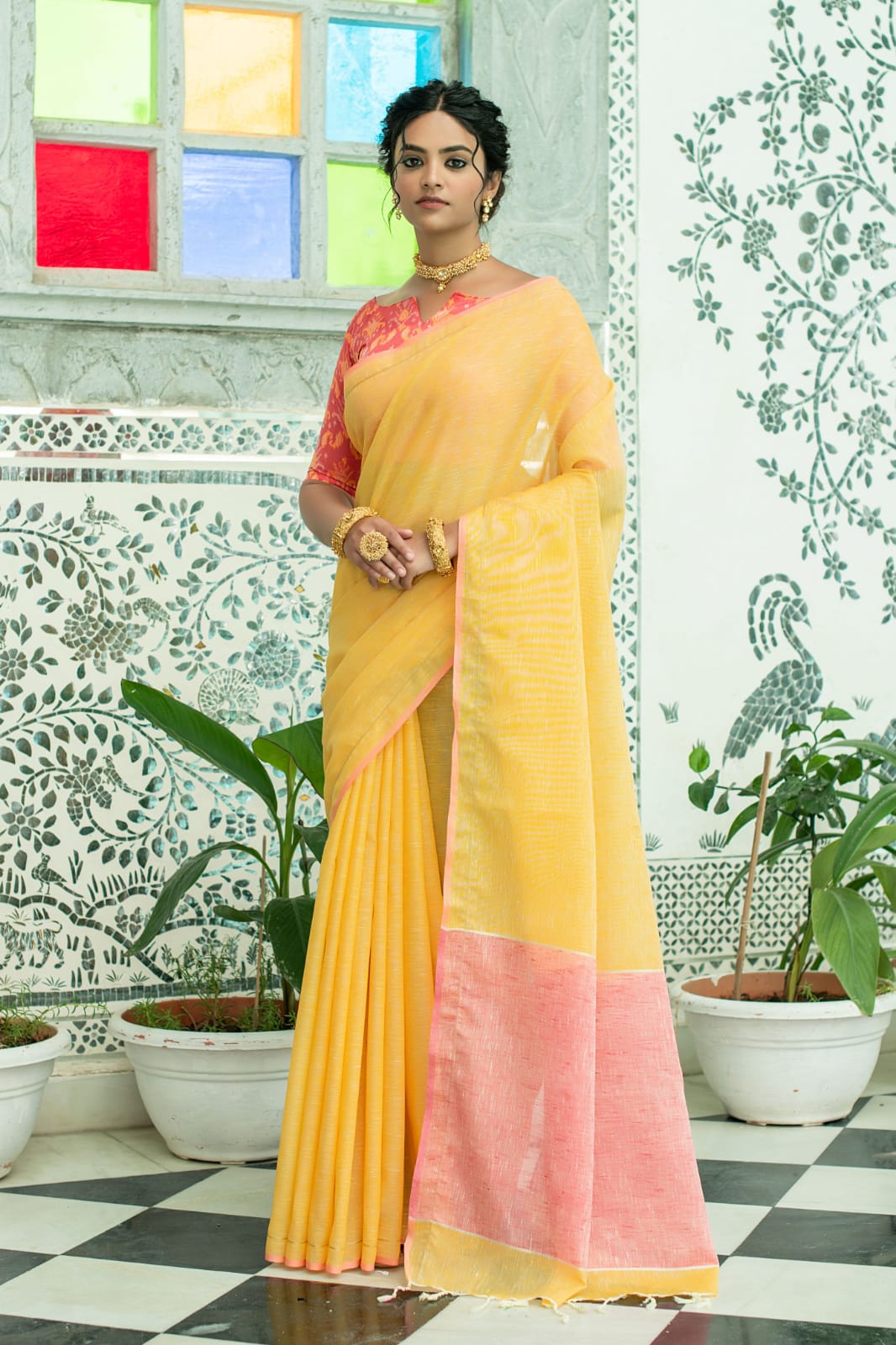 Yellow Pure Linen Saree Katha Weaving