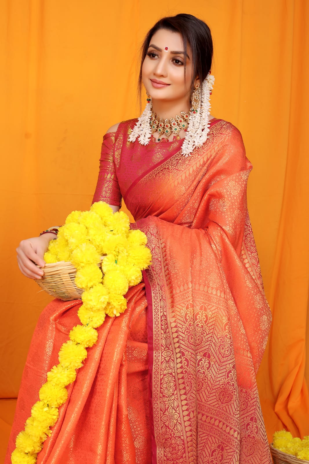 Orange Pure Soft Silk Saree With Hand dying And Zari Weaving Work
