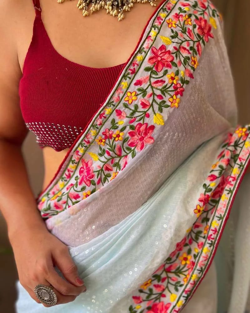 Blue Pure Gorgate Saree With Sequence Work