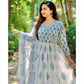 Beautiful Light Blue Leaf printed Kurti Plazzo and Dupatta Set