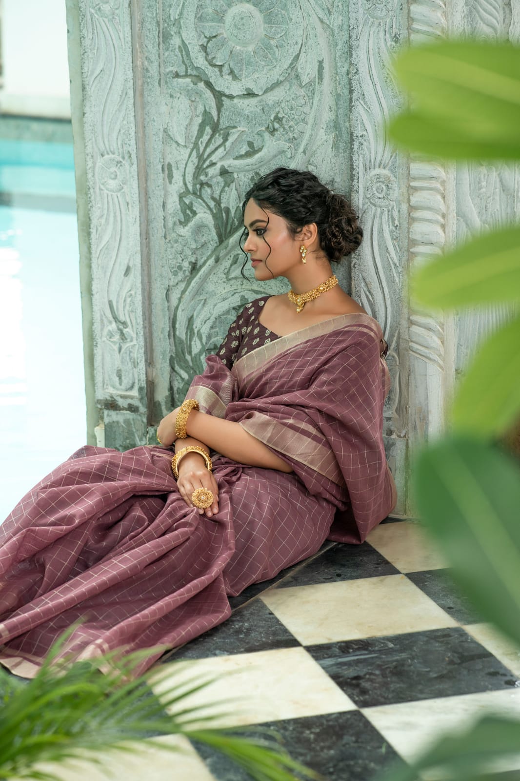 Wine Pure Linen Saree Katha Weaving