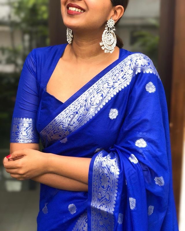 Royal Blue Lichi Silk Banarasi Saree With Silver Weaving