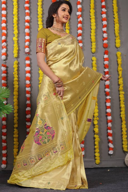 Yellow Paithani Pure silk handloom saree with Pure Jari